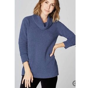 J. Jill Ribbed Knit Pullover Blue Cowl Neck Tunic Sweater Size L